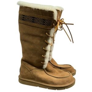 Ugg Sz 6 Tularosa Tall Boots Chestnut Suede Shearling Wool Lace Up Cozy Winter